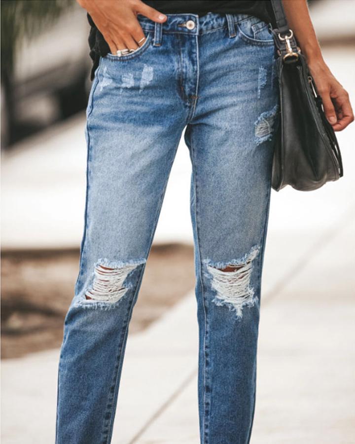 Knee Distressed Frayed Hem Cropped Jeans