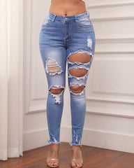 Distressed Frayed Hem Skinny Cropped Jeans