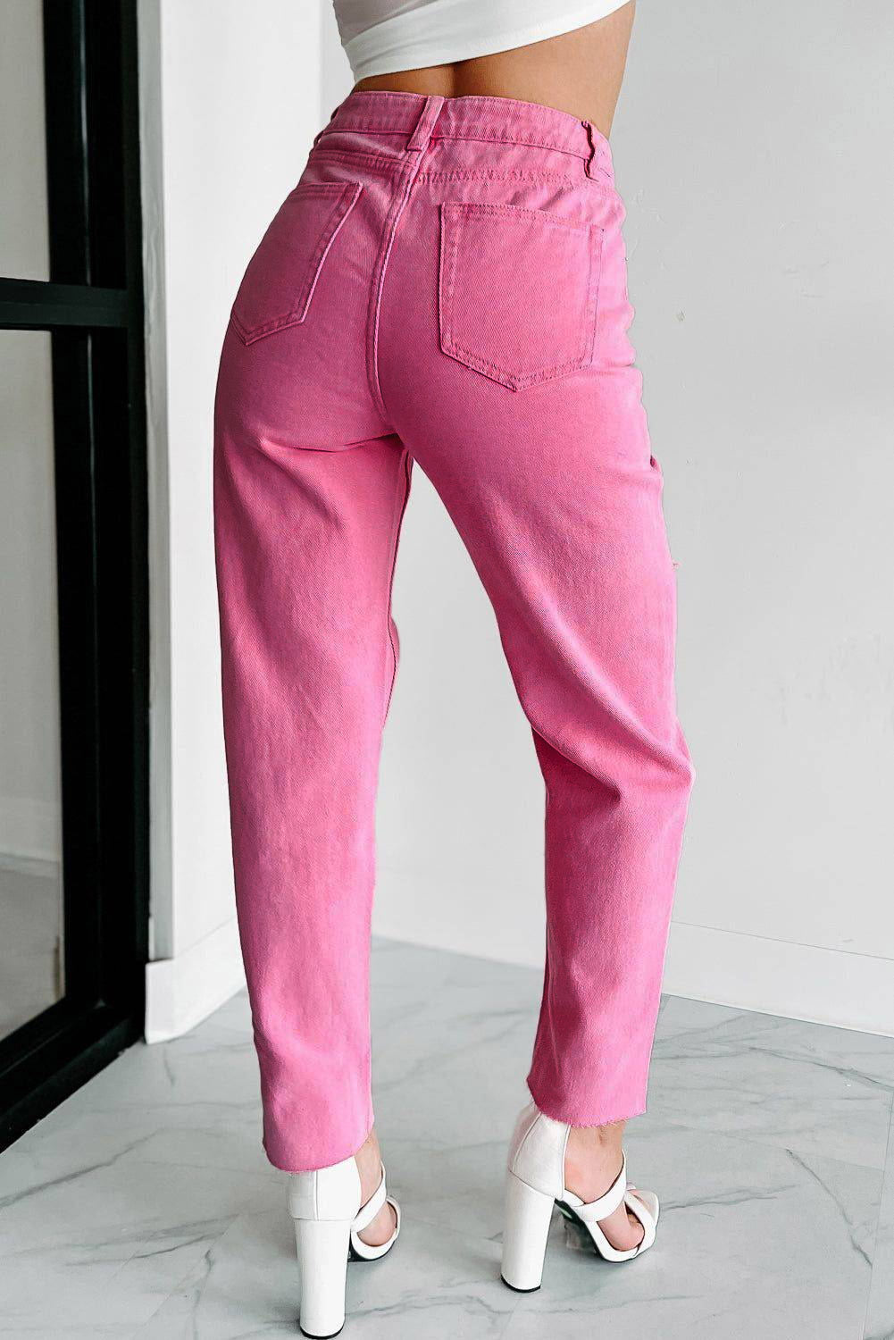 Pink Star Shape Patchwork Mid Waist Straight Leg Jeans