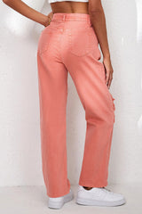 Pink High Waist Ripped Straight Leg Pocket Jeans