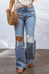 Sky Blue Destroyed Open Knee Wide Leg Jeans