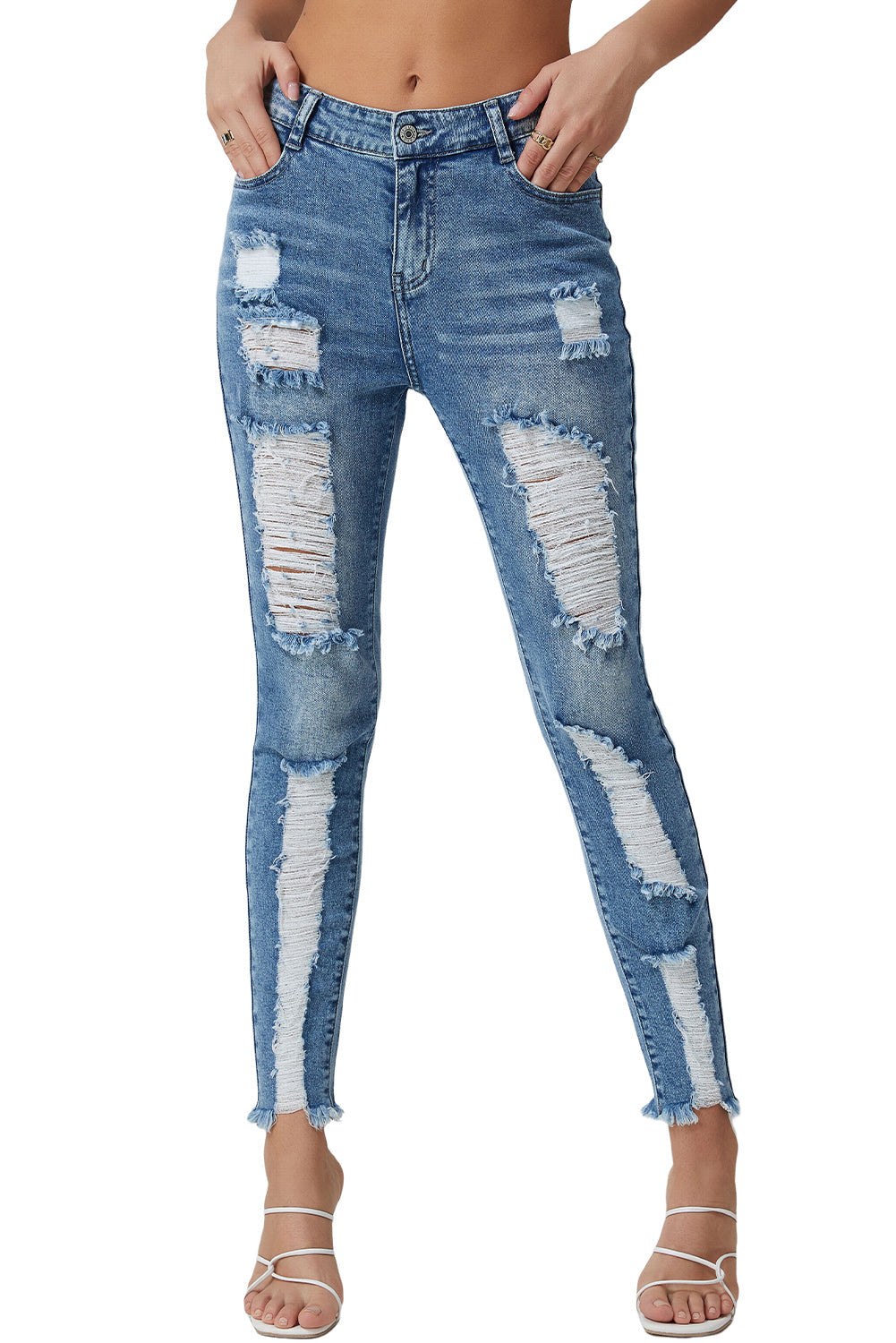 Sky Blue Distressed Straight Leg High Waist Jeans