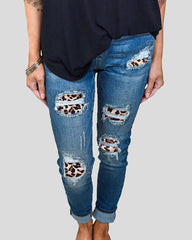 Plaid &amp; Leopard Patch Insert High Waist Crop Jeans