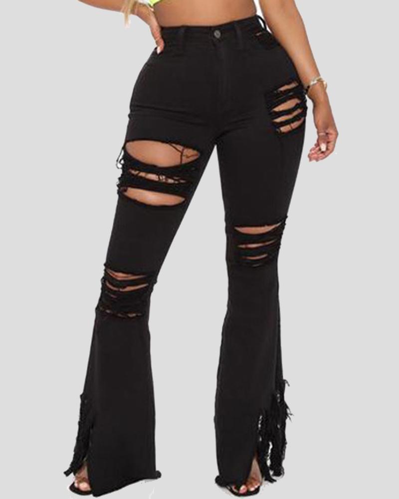 Women Distressed Asymmetrical Fringe Raw Hem Flare Leg High Waist Jeans