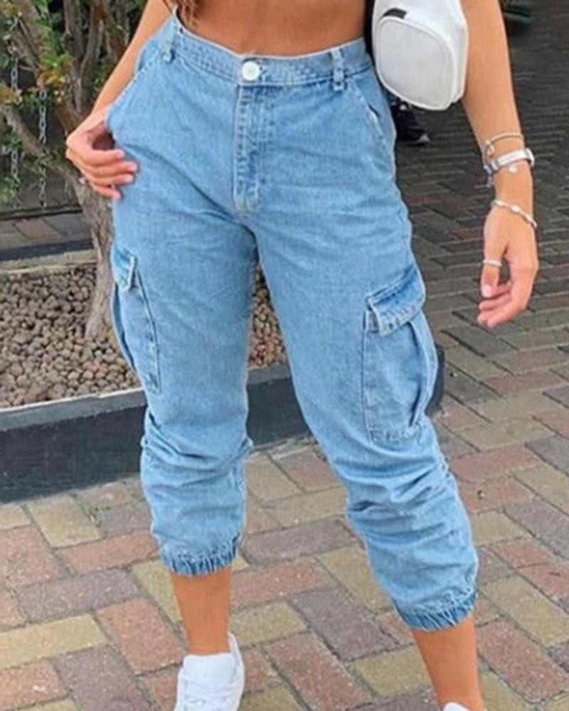 Flap Pocket Side Mid Waist Straight Leg Jeans