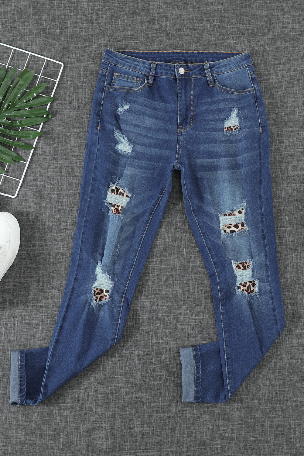 Leopard Patch Destroyed Skinny Blue Jeans