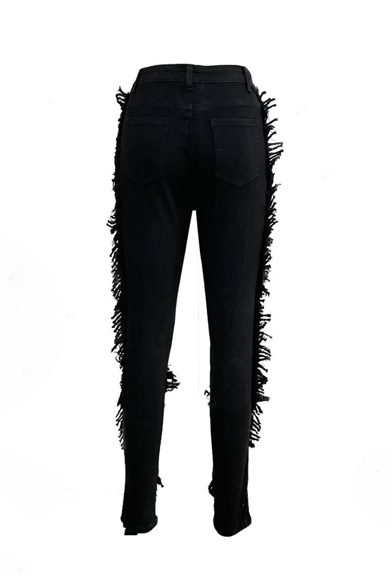 Ripped Fringe Trim High Waist Skinny Jeans