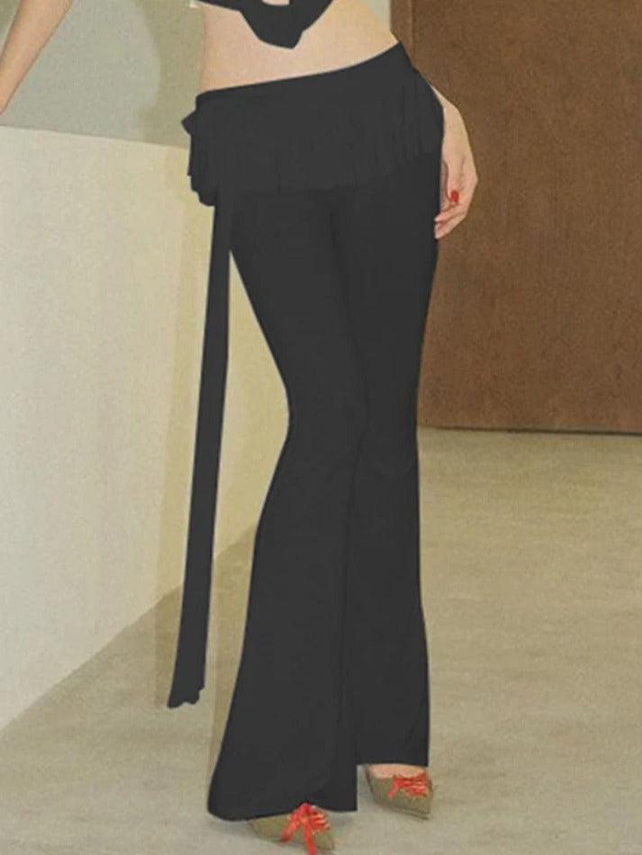 Pantalones acampanados con ribete de volantes vintage de color liso y cintura anudada