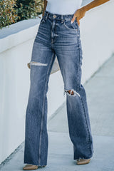 Sky Blue High Rise Ripped Straight Legs Loose Jeans