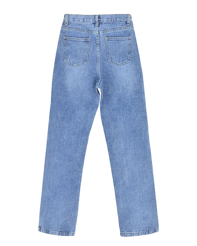 Ripped Split Hem High Waist Straight Leg Jeans