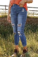 Leopard Patch Destroyed Skinny Blue Jeans