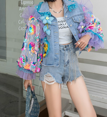 Chic Blue Ruffled Tulle Embroideried Patchwork Denim Jacket