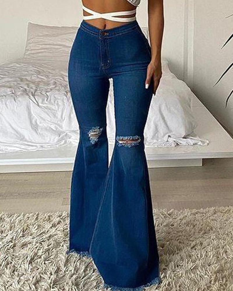 Solid Raw Hem Ripped Knee Flare Leg High Waist Jeans