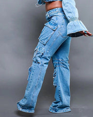 Flap Pocket High Waist Cargo Jeans