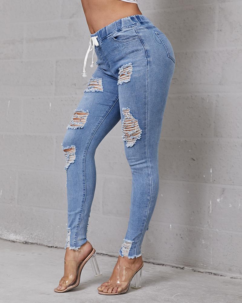 Plus Extreme Distressed Drawstring Waist Jeans