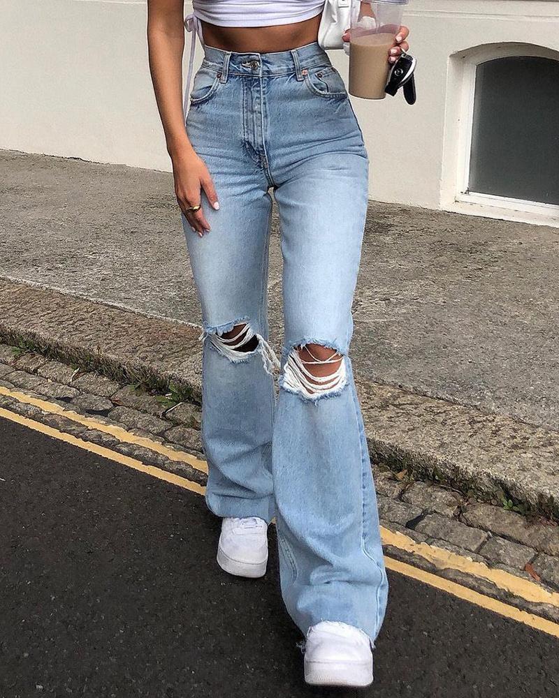 High Waist Knee Distressed Flare Leg Jeans