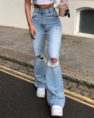 High Waist Knee Distressed Flare Leg Jeans