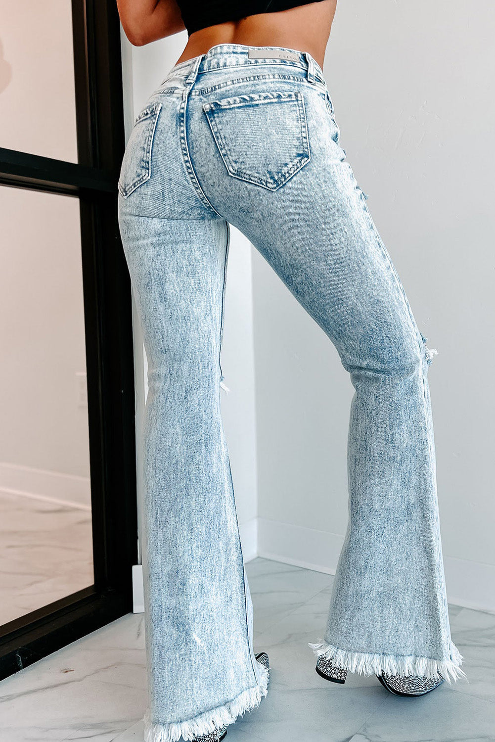 Sky Blue Distressed Acid Wash Flare Jeans