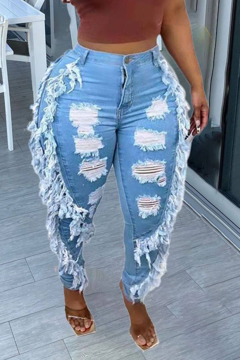 Ripped Fringe Trim High Waist Skinny Jeans