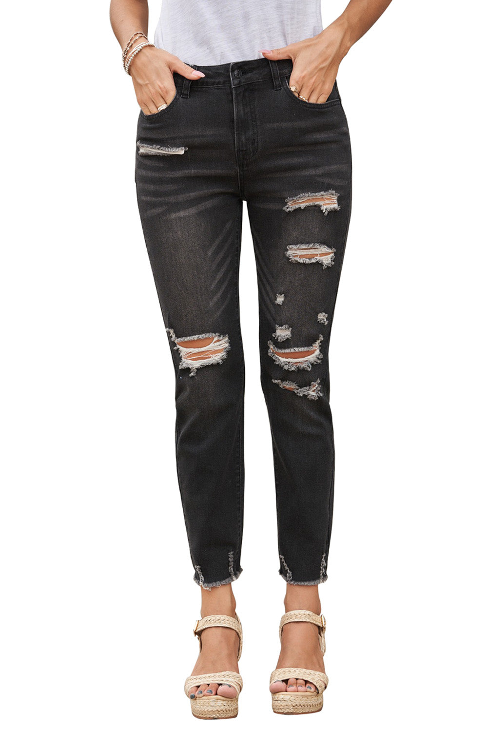 Black Distressed Boyfriend Denim Pants