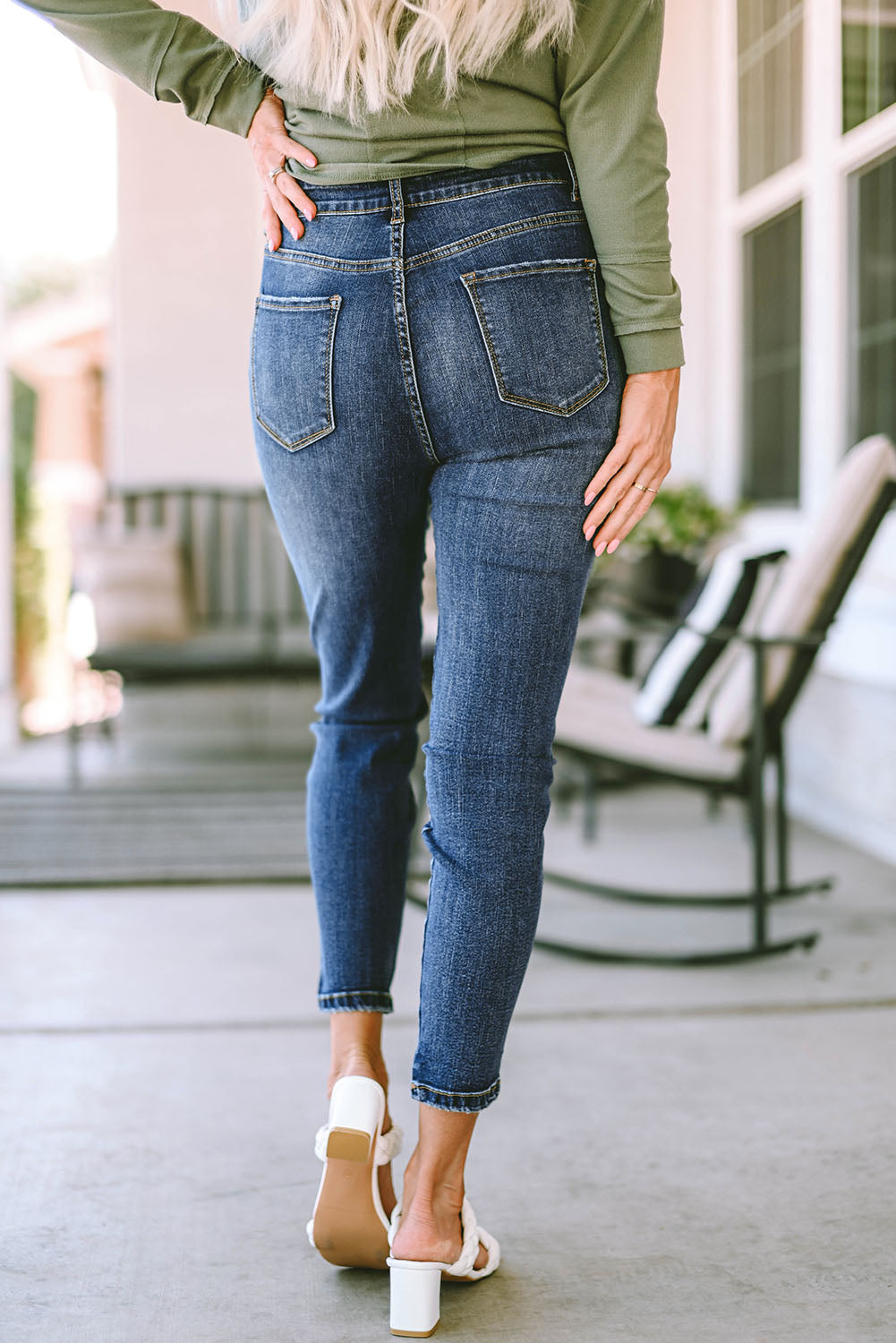 Blaue Skinny Fit Jeans mit hoher Taille und Nähten