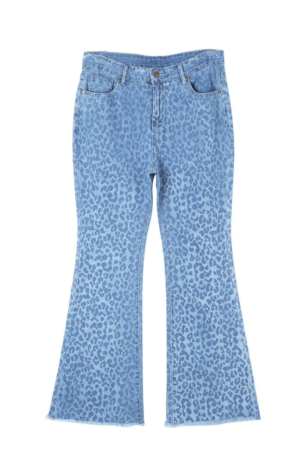 Sky Blue Leopard Print Raw Hem High Waist Flare Jeans