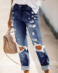 Ripped Distressed Mid Waist Straight Leg Jeans