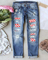 Ripped Plaid &amp; Leopard Patch Insert Mid Waist Straight Leg Jeans