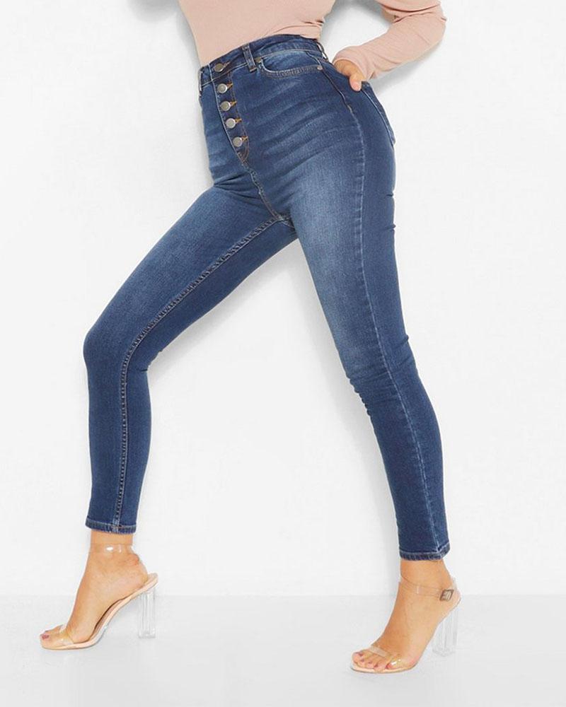 High Waisted Button Front Skinny Jeans