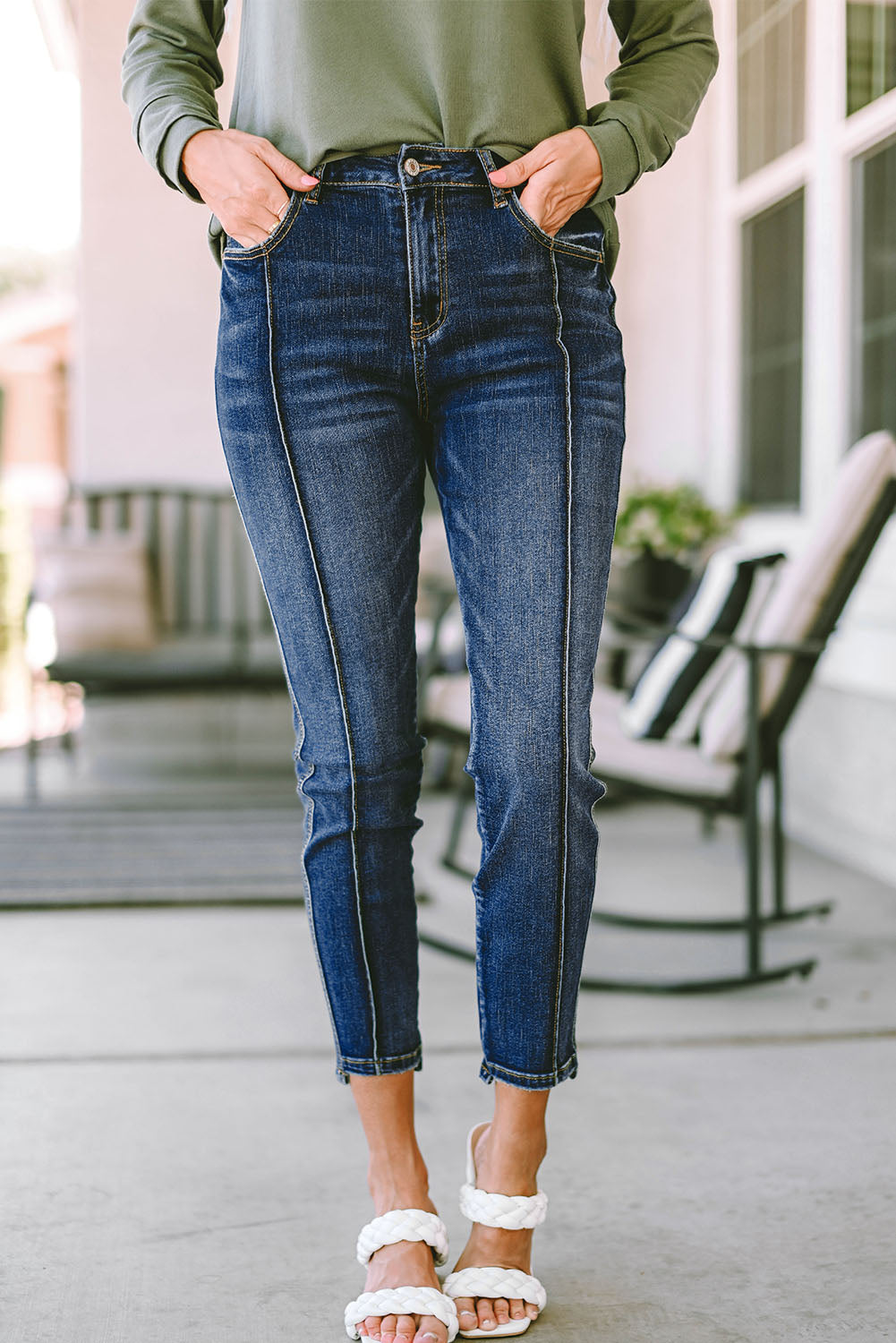 Blaue Skinny Fit Jeans mit hoher Taille und Nähten