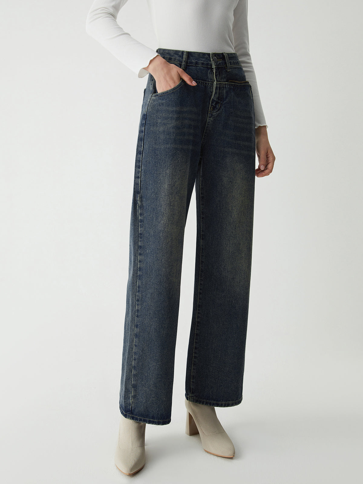 Moderne Jeans mit weitem Bein und Reißverschluss im Vintage-Waschungs-Denim