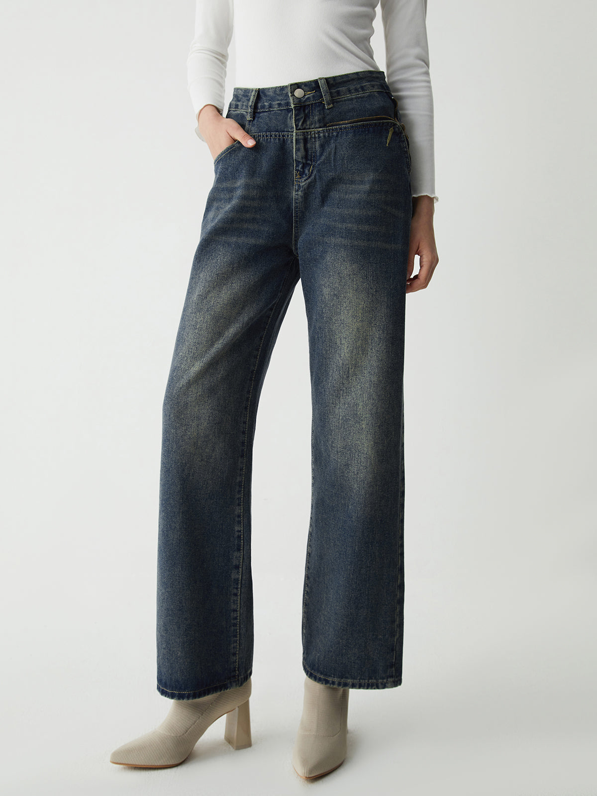 Moderne Jeans mit weitem Bein und Reißverschluss im Vintage-Waschungs-Denim