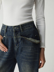 Moderne Jeans mit weitem Bein und Reißverschluss im Vintage-Waschungs-Denim