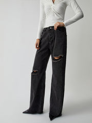 Distressed Detail Black Trendy Denim Wide Leg Jeans