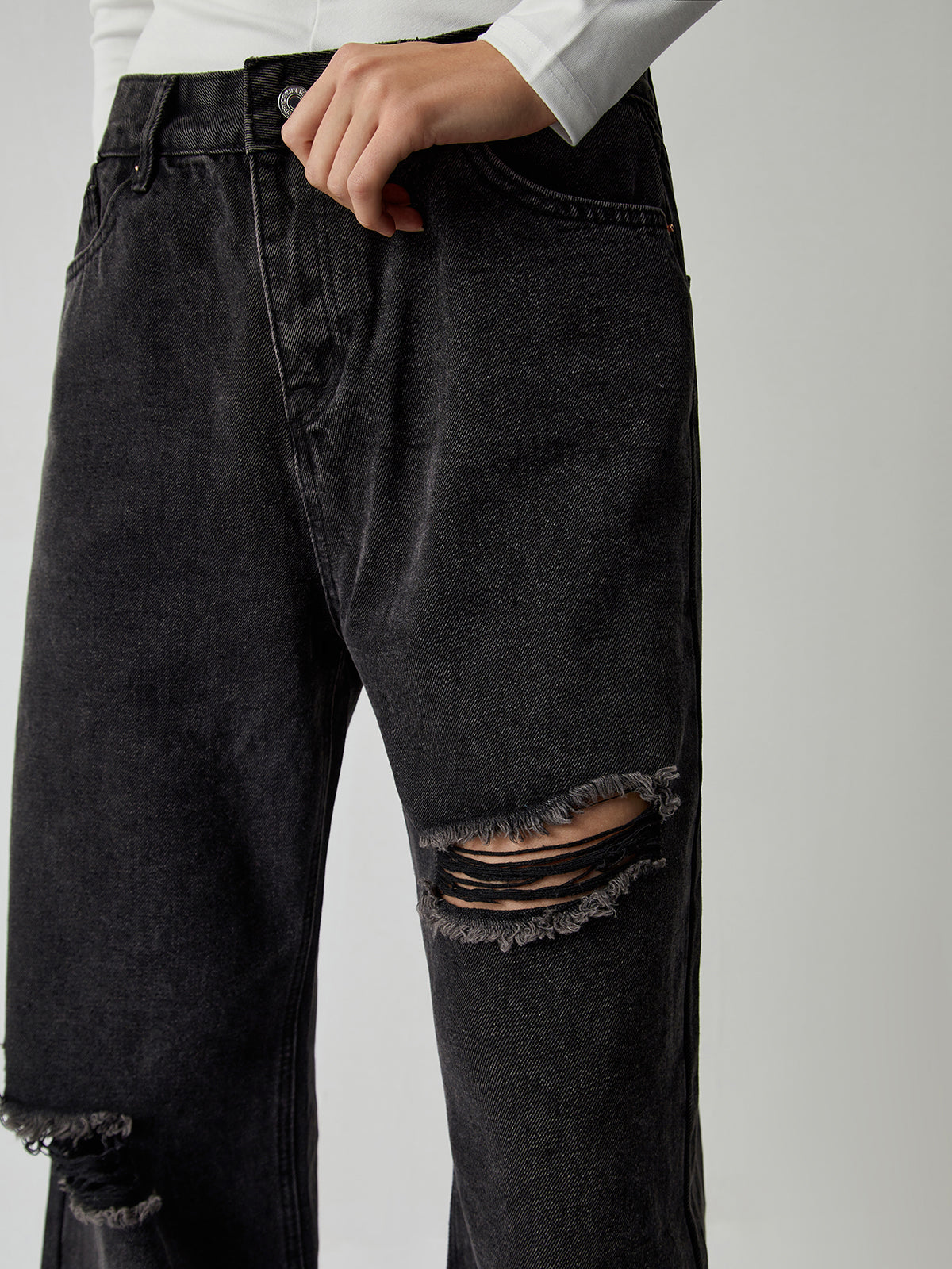 Distressed Detail Black Trendy Denim Wide Leg Jeans