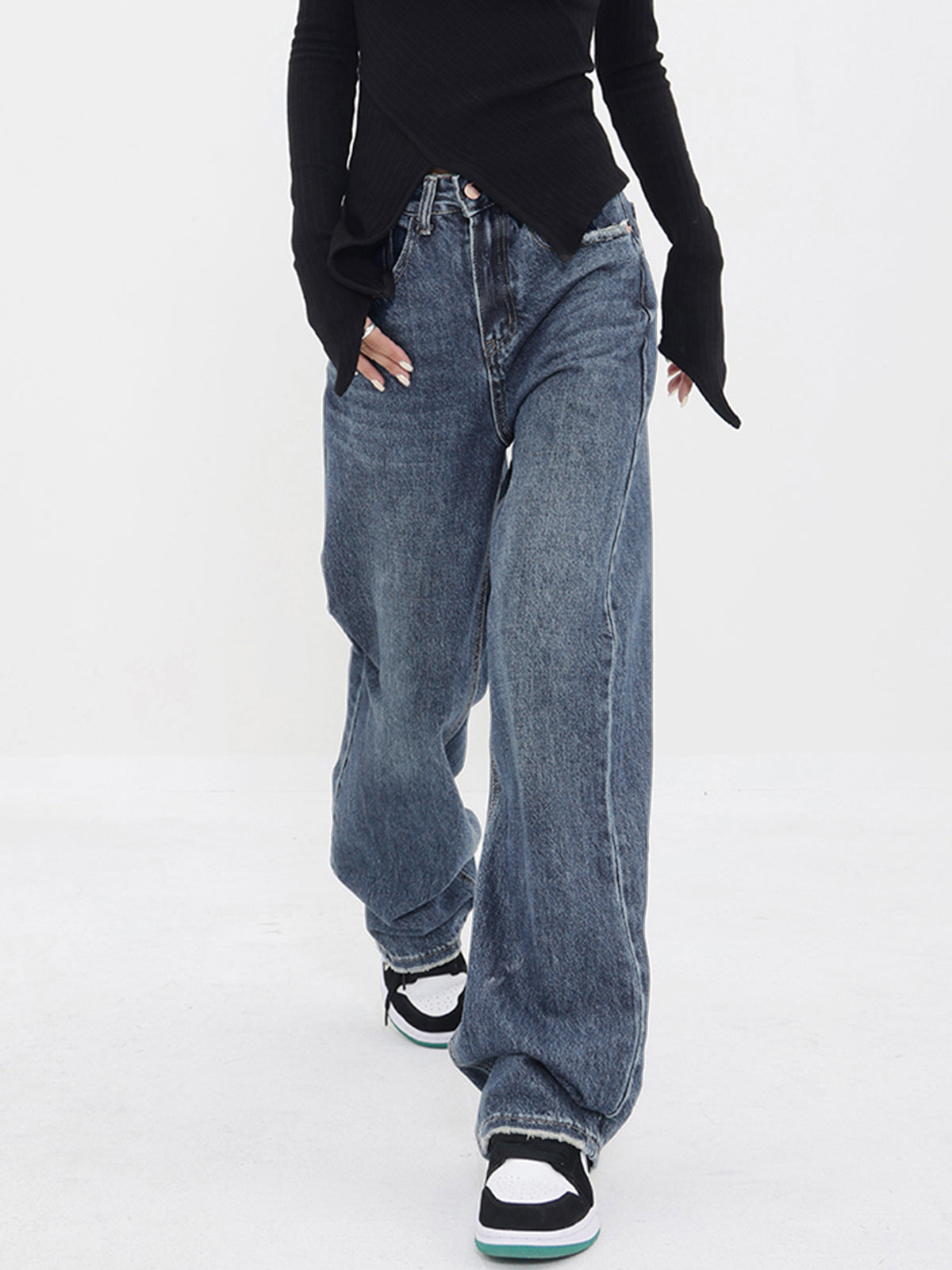 Patchwork-Taschen Denim Trendy Wide Leg Boyfriend Jeans