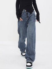 Patchwork Pockets Denim Trendy Wide Leg Boyfriend Jeans