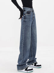 Patchwork Pockets Denim Trendy Wide Leg Boyfriend Jeans