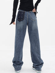 Patchwork-Taschen Denim Trendy Wide Leg Boyfriend Jeans