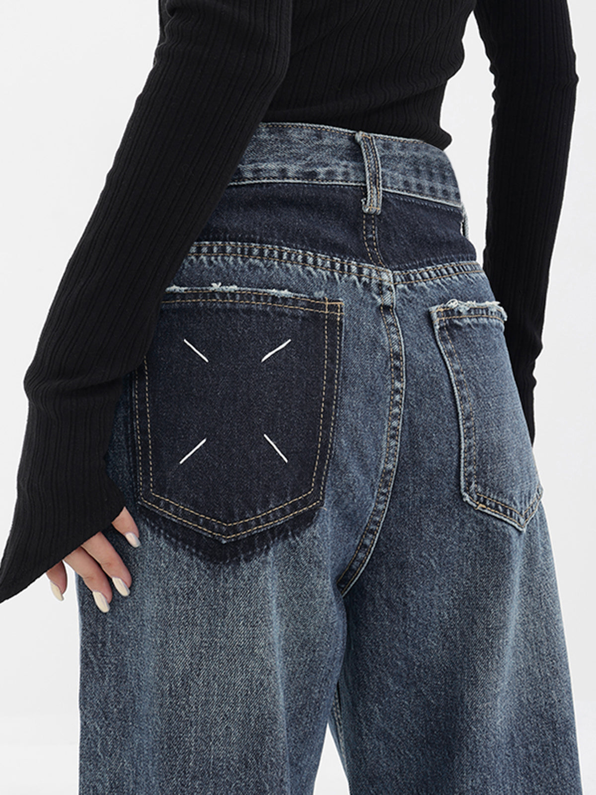 Patchwork Pockets Denim Trendy Wide Leg Boyfriend Jeans