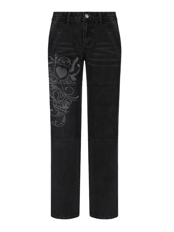 Washed Heart Pattern Cargo Jeans