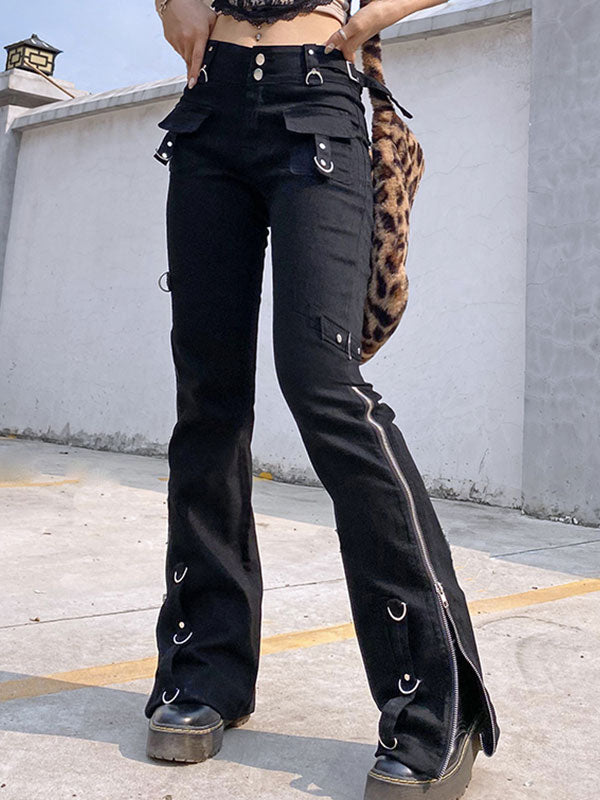 Zipper Design Low Waist Flare Cargo Jeans