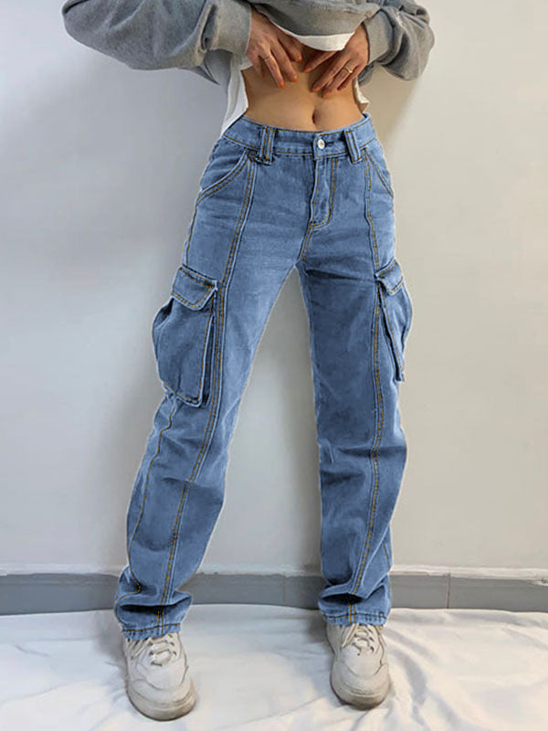 Verwaschene Cargo-Jeans mit mittlerer Taille und Taschen