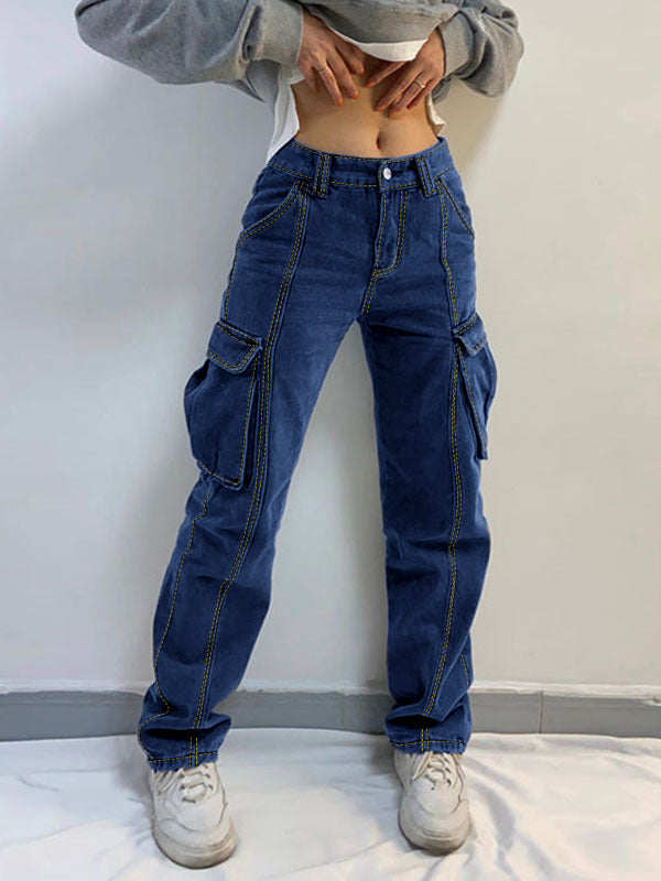 Verwaschene Cargo-Jeans mit mittlerer Taille und Taschen