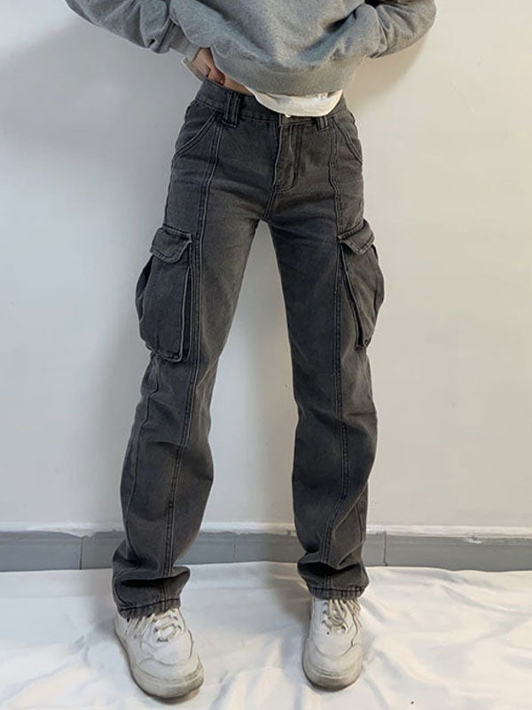 Washed Mid Waist Pocket Cargo Jeans