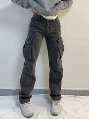 Washed Mid Waist Pocket Cargo Jeans