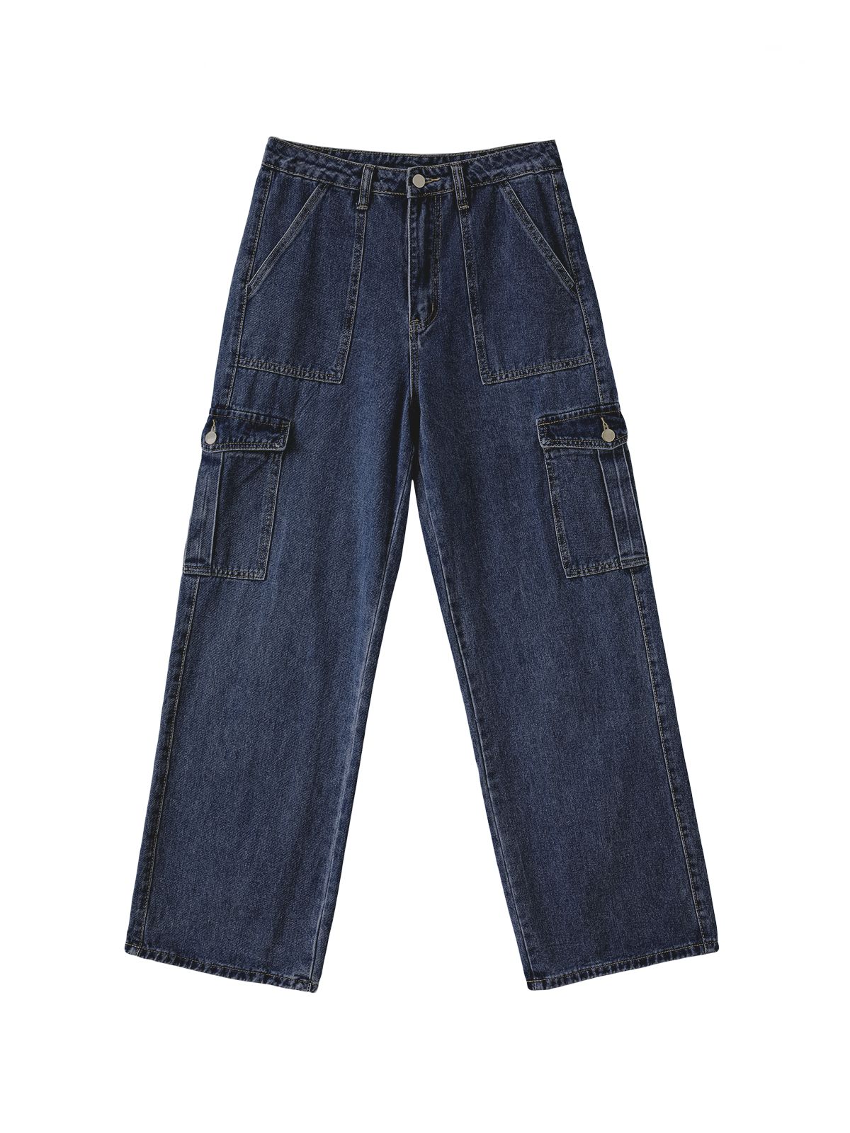 Washed Mid Waist Pocket Cargo Jeans