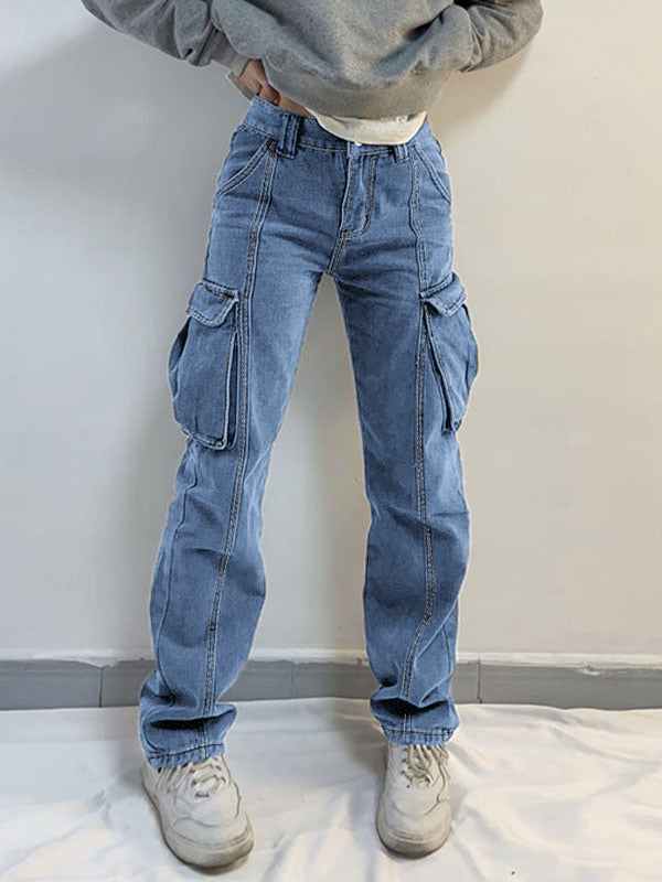 Verwaschene Cargo-Jeans mit mittlerer Taille und Taschen