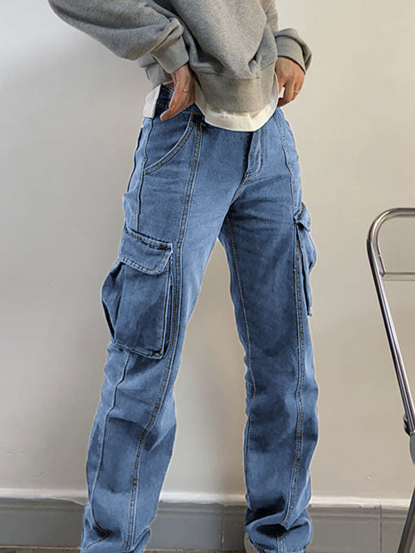 Washed Mid Waist Pocket Cargo Jeans