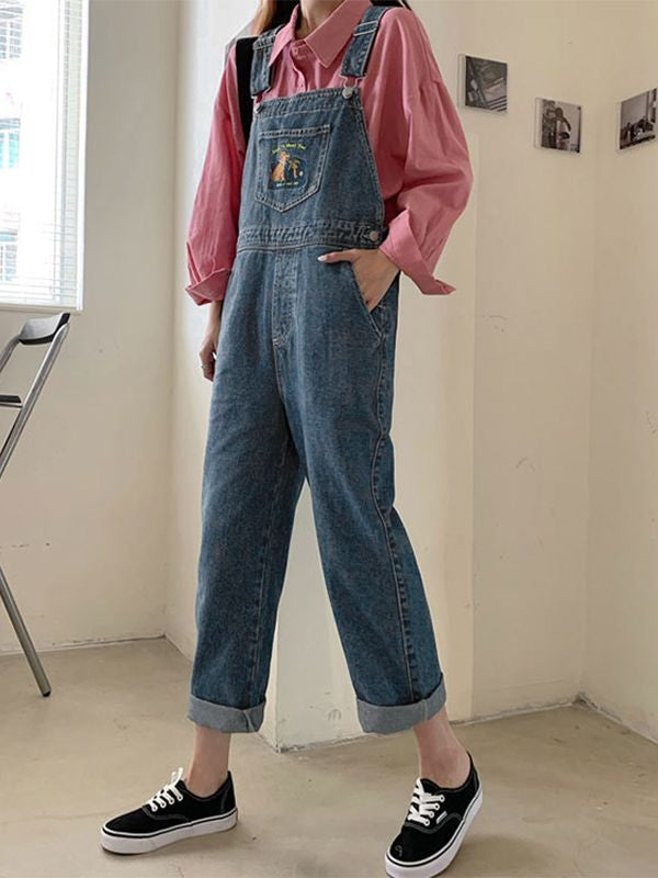 Embroidered Pocket Denim Overall Jeans